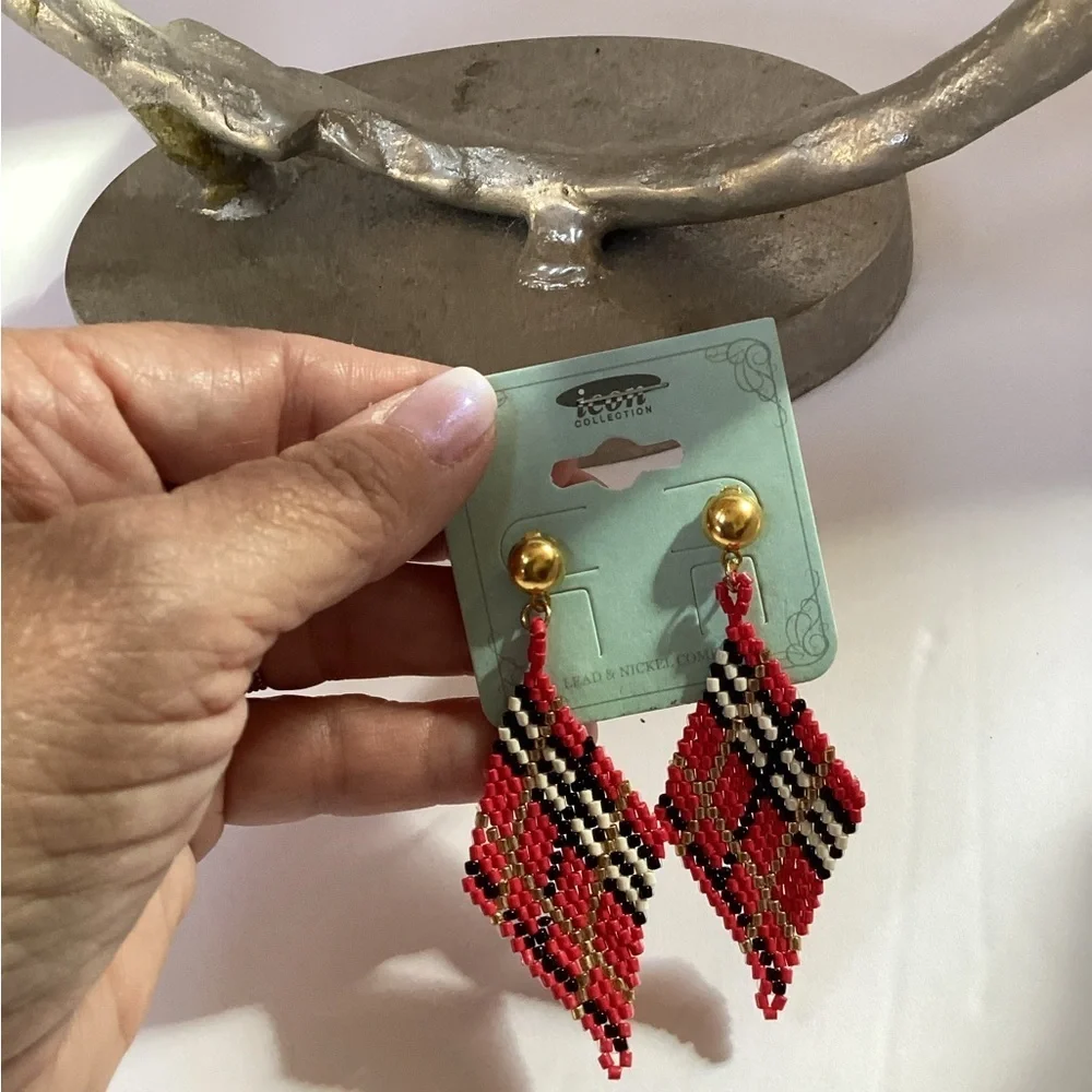 ICON Red and Black Beaded Dangle Earrings, Pierced NWT